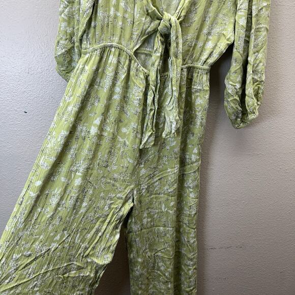 Free People Green Wide Leg Cropped Babydoll Deep V Boho Tie Front Jumpsuit XS - Picture 4 of 10